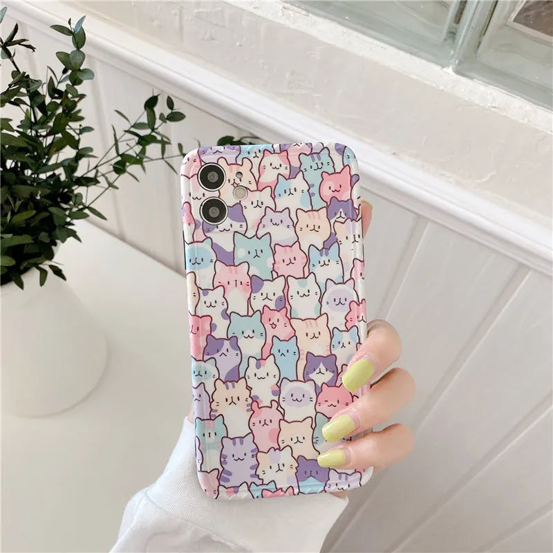 Colourful cartoon design TPU protective case for various iPhone models on a white background.