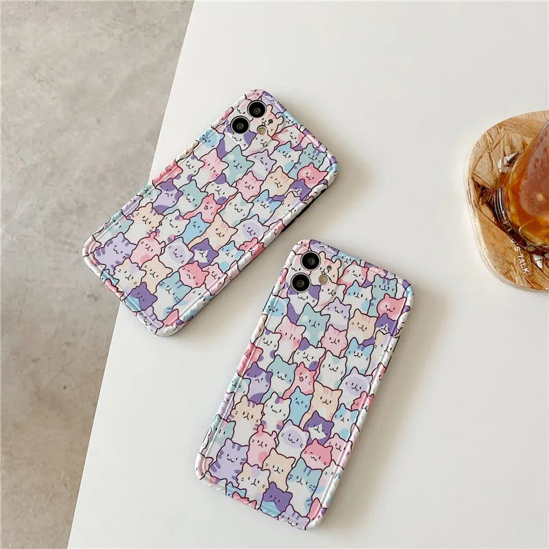 Colourful cartoon design TPU protective case for various iPhone models on a white background.