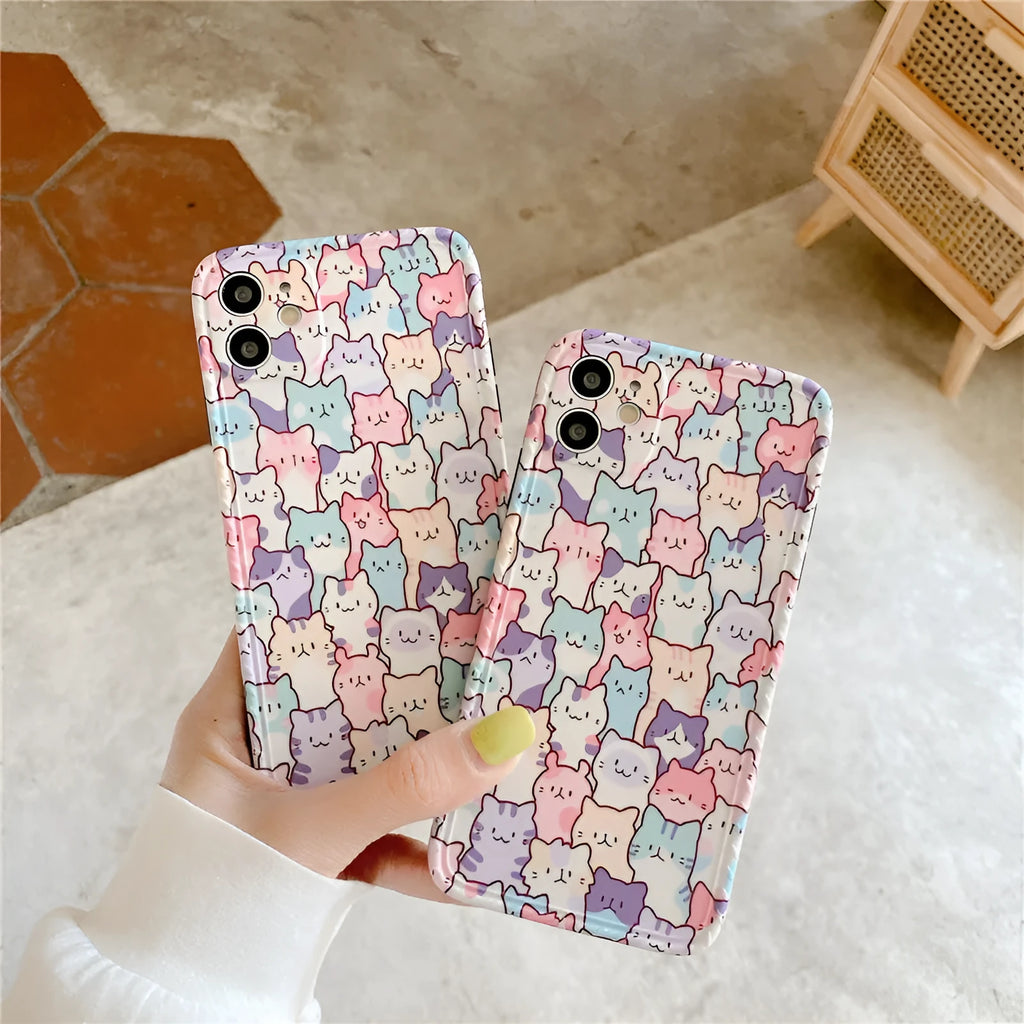 Colourful cartoon design TPU protective case for various iPhone models on a white background.