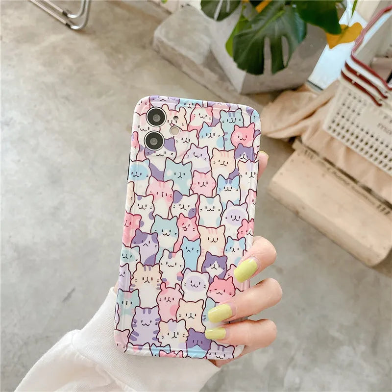 Colourful cartoon design TPU protective case for various iPhone models on a white background.