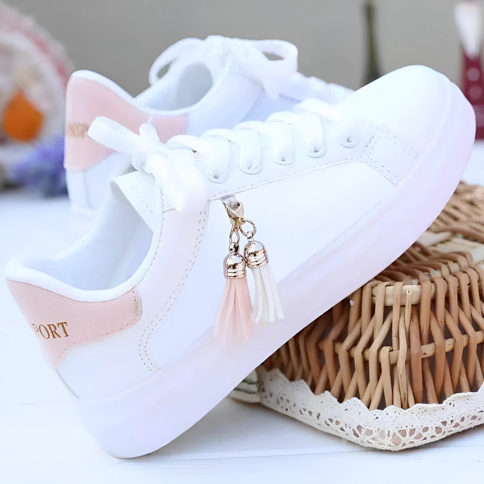 White mesh sneakers with PU upper and rubber sole in sizes 35-40 with black or pink options