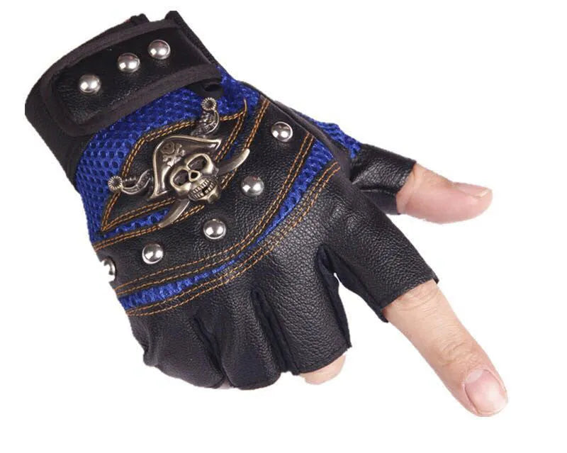 Hip hop break dancing skull gloves half finger imitation leather non-slip unisex free size black blue red