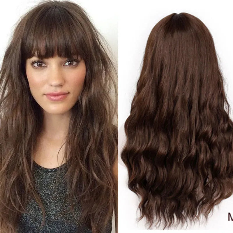 Solid colour long hair wig 65cm mid-length curly style high temperature silk fibre black brown