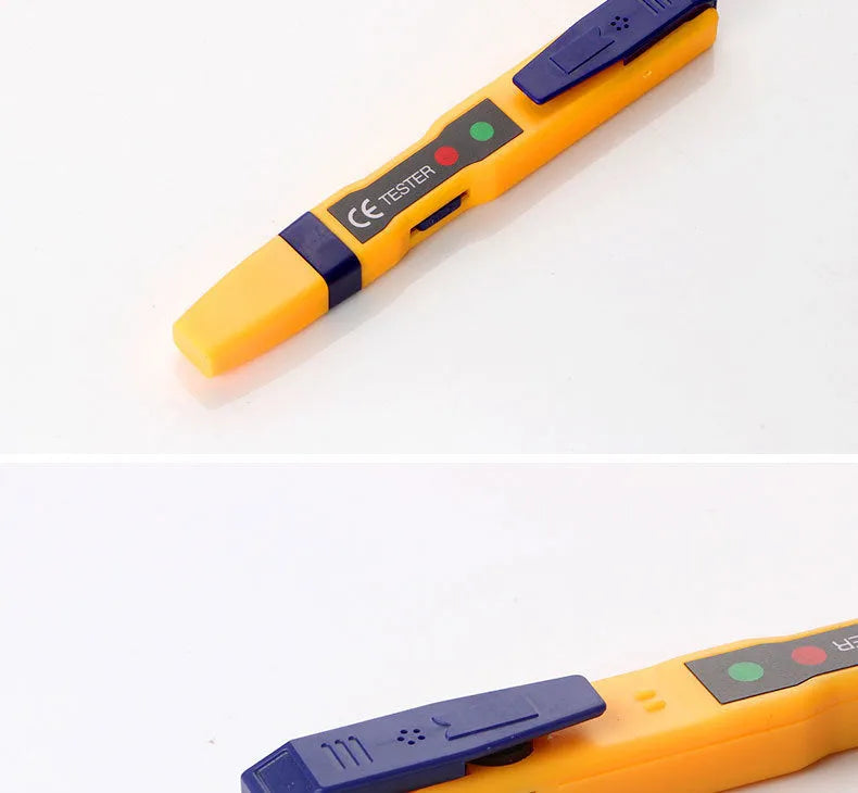Yellow ABS multifunctional induction test pen with three-speed adjustment and LED indicators on grey background
