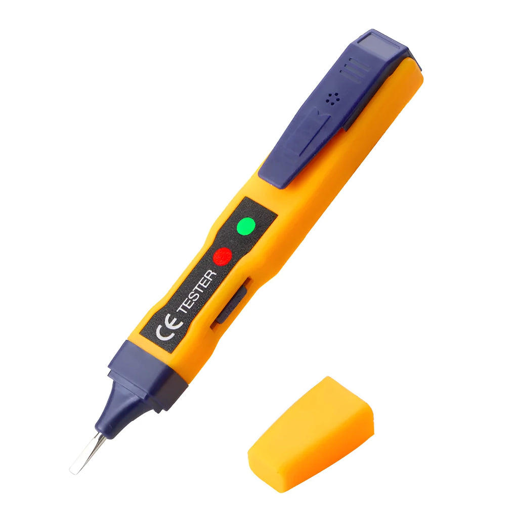 Yellow ABS multifunctional induction test pen with three-speed adjustment and LED indicators on grey background