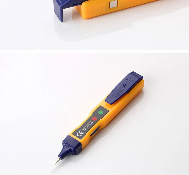 Yellow ABS multifunctional induction test pen with three-speed adjustment and LED indicators on grey background