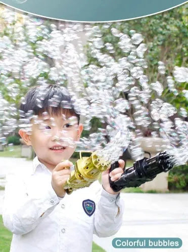 Realistic pink bubble machine gun toy for kids on a green lawn.