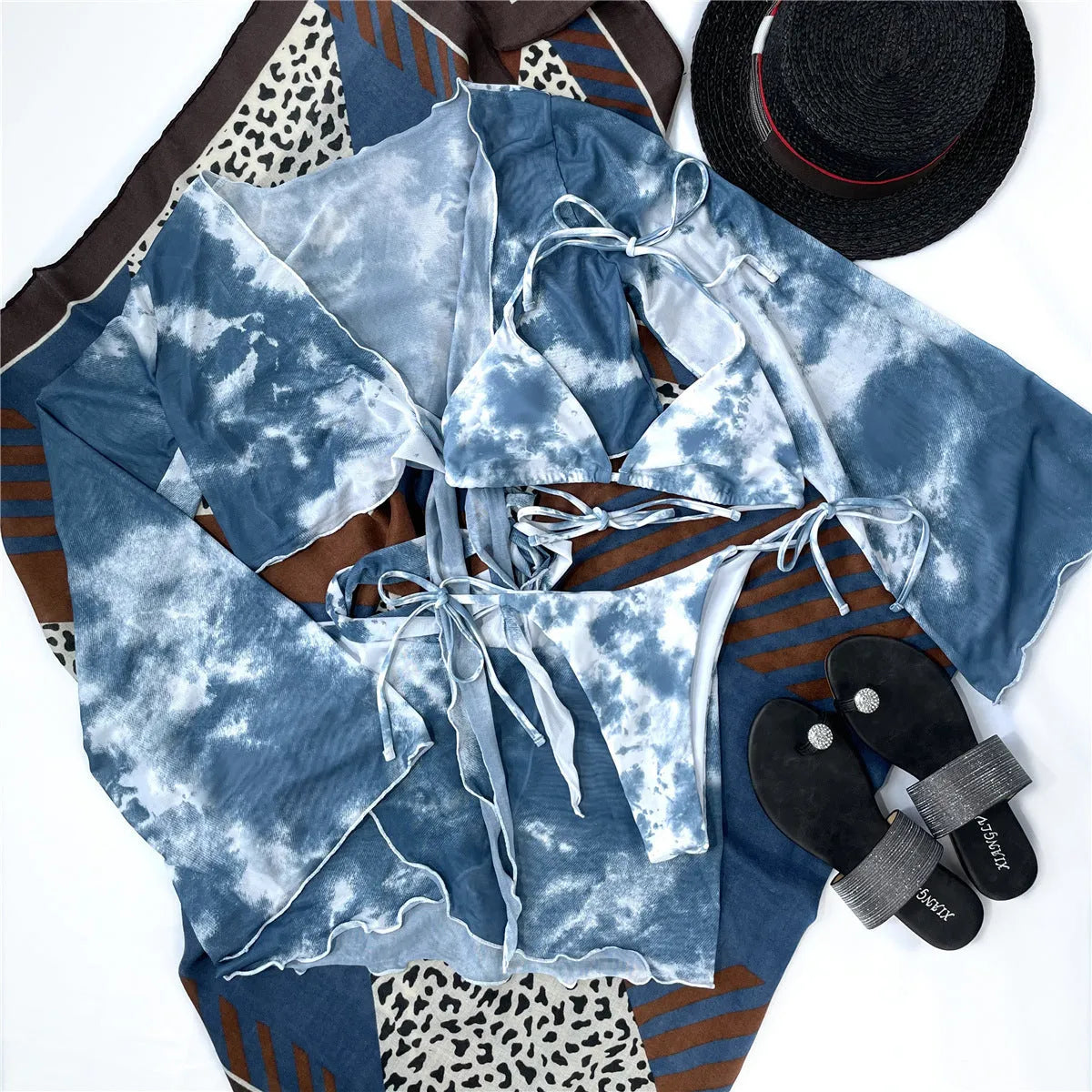 Women's tie dye long sleeve bikini set in multicolor with sarong, polyester fabric, sizes S M L