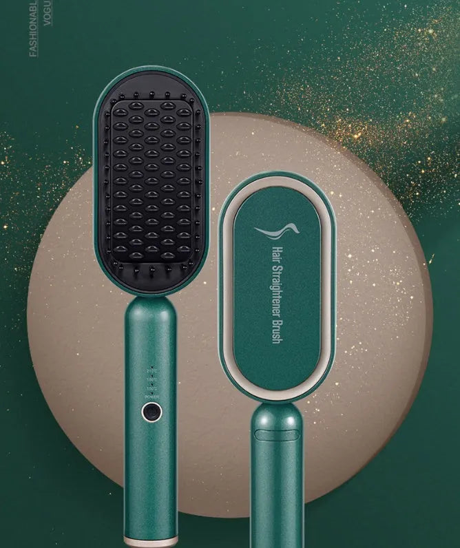 Grey hair straightener brush with tourmaline ceramic barrel, negative ion function, and compact design