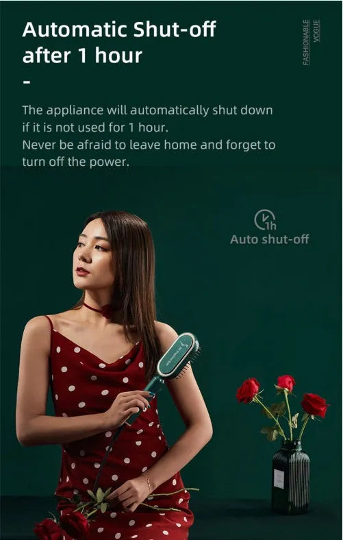 Grey hair straightener brush with tourmaline ceramic barrel, negative ion function, and compact design