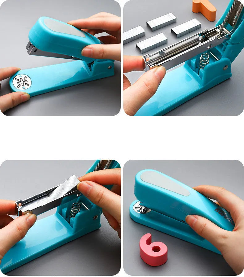 360-degree rotatable stapler in dark blue on a desk with papers, showing swivel head movement.
