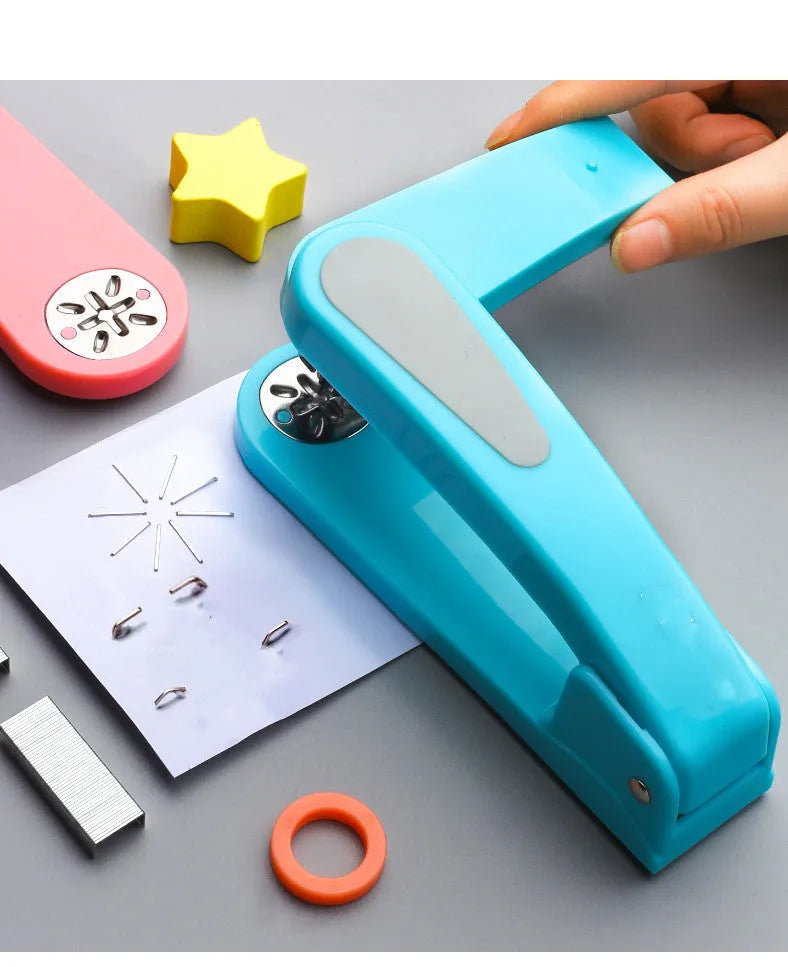 360-degree rotatable stapler in dark blue on a desk with papers, showing swivel head movement.