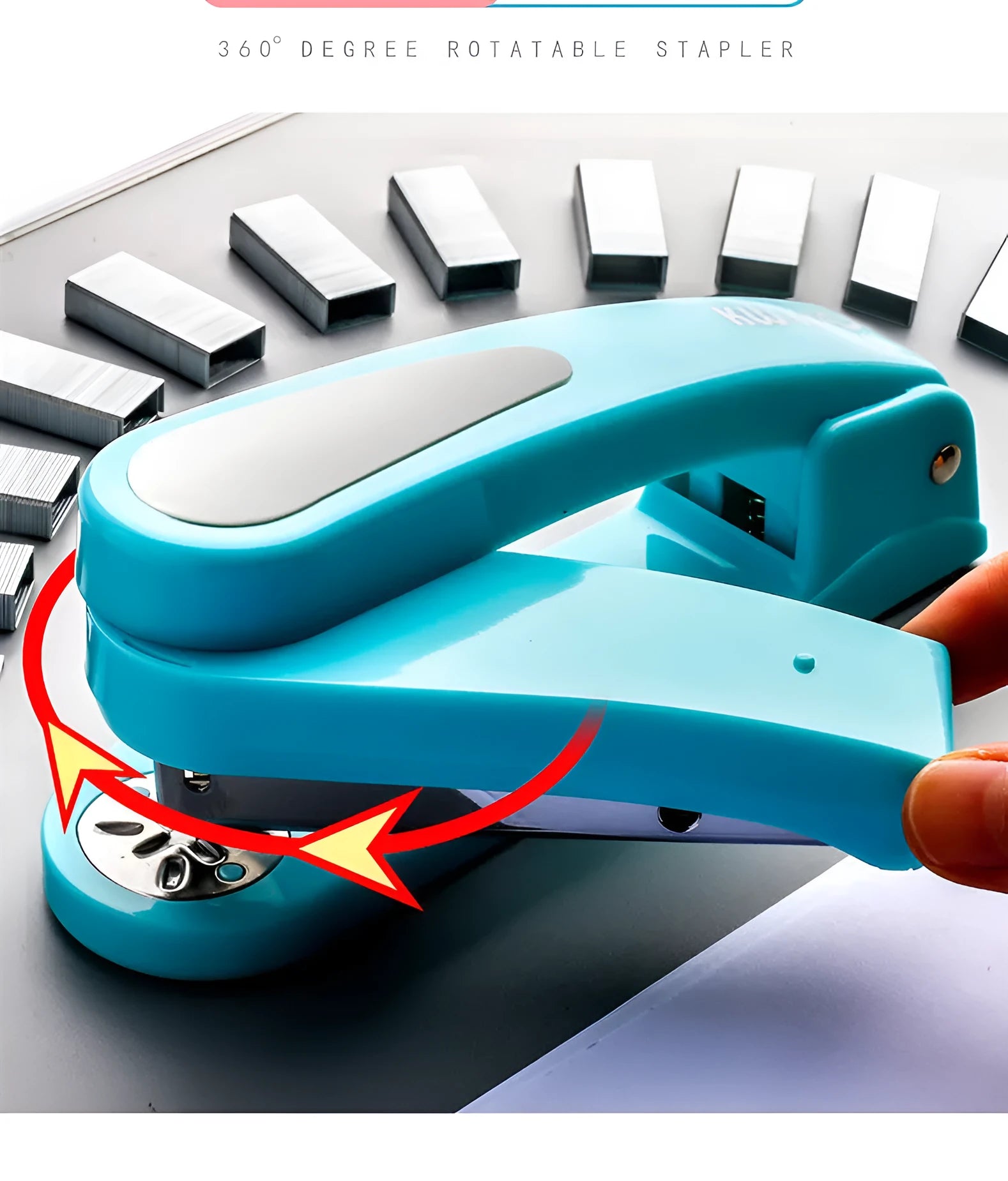 360-degree rotatable stapler in dark blue on a desk with papers, showing swivel head movement.