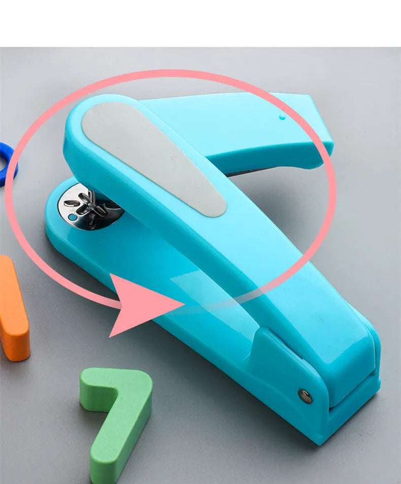 360-degree rotatable stapler in dark blue on a desk with papers, showing swivel head movement.