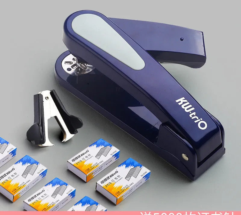 360-degree rotatable stapler in dark blue on a desk with papers, showing swivel head movement.