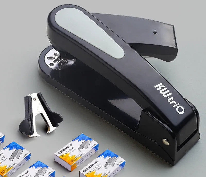 360-degree rotatable stapler in dark blue on a desk with papers, showing swivel head movement.