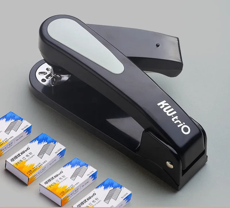 360-degree rotatable stapler in dark blue on a desk with papers, showing swivel head movement.
