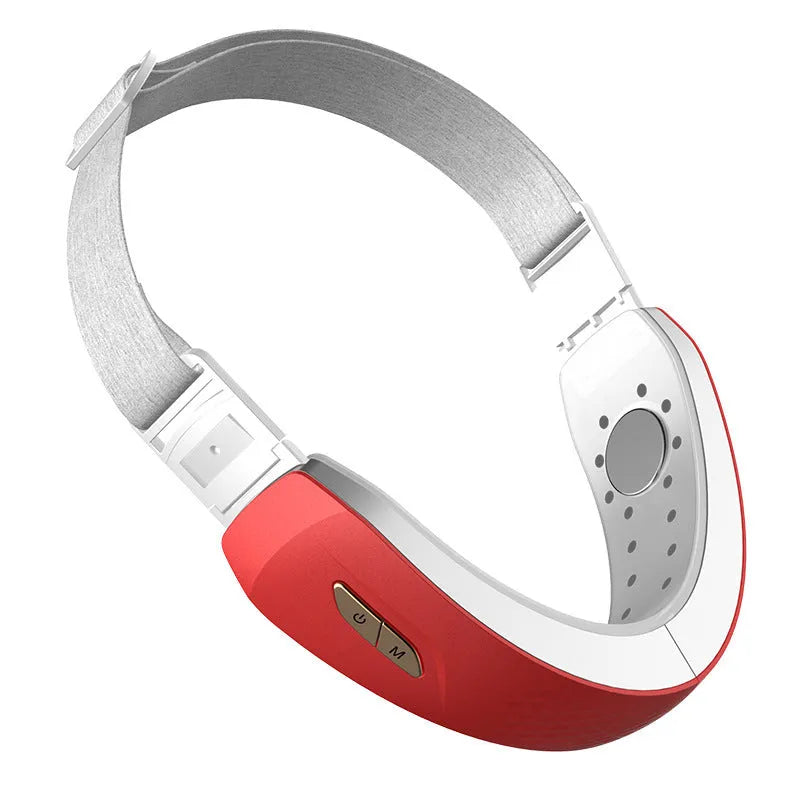 Micro-current high-frequency face-lifting device with colour light in English red, for masseter muscles and double chin, featuring rechargeable lithium battery