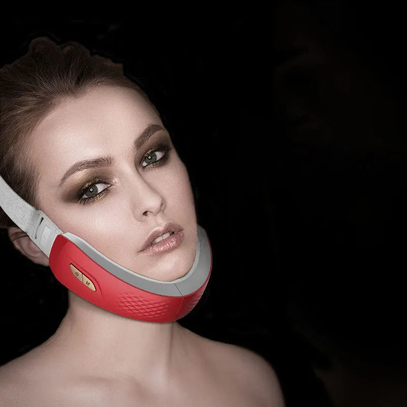 Micro-current high-frequency face-lifting device with colour light in English red, for masseter muscles and double chin, featuring rechargeable lithium battery