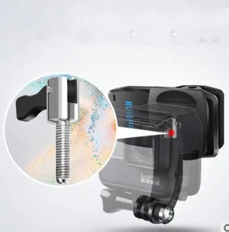 Silver and black 360-degree rotating backpack clip mount for GoPro and action cameras on a backpack strap.