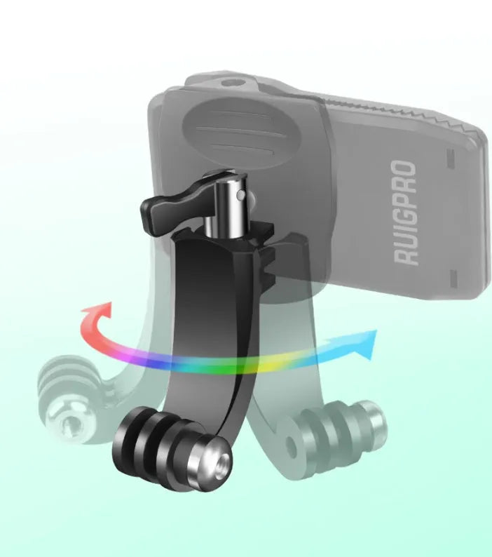 Silver and black 360-degree rotating backpack clip mount for GoPro and action cameras on a backpack strap.