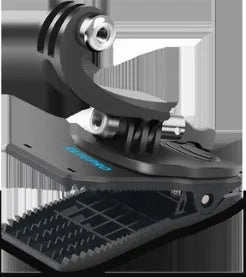 Silver and black 360-degree rotating backpack clip mount for GoPro and action cameras on a backpack strap.