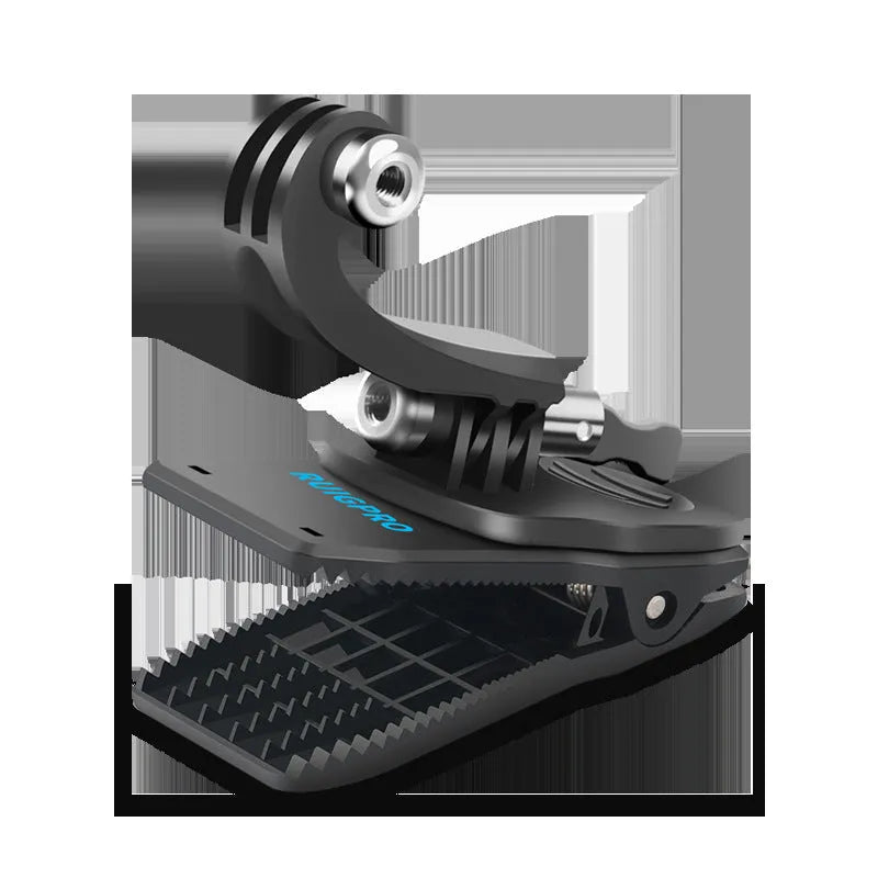 Silver and black 360-degree rotating backpack clip mount for GoPro and action cameras on a backpack strap.