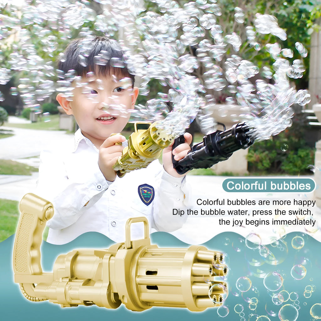 Realistic pink bubble machine gun toy for kids on a green lawn.