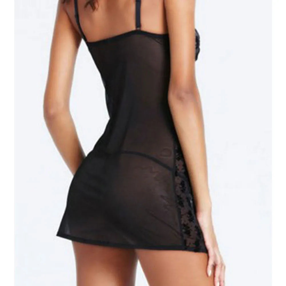 Rose pattern mesh and spandex sling skirt lingerie in black with lace trim