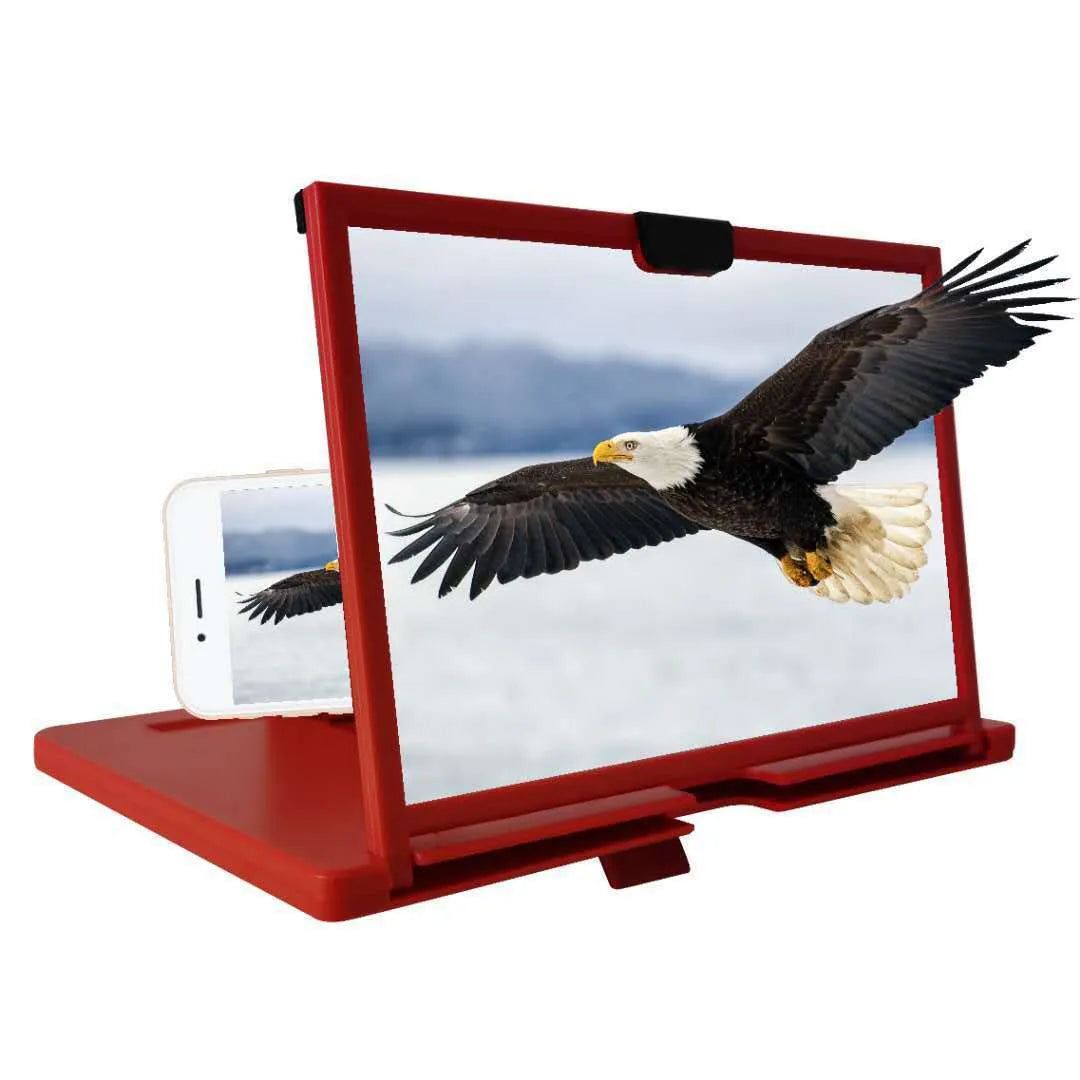 Red desktop mobile phone screen magnifier holder showing a phone placed inside for enlarged viewing.