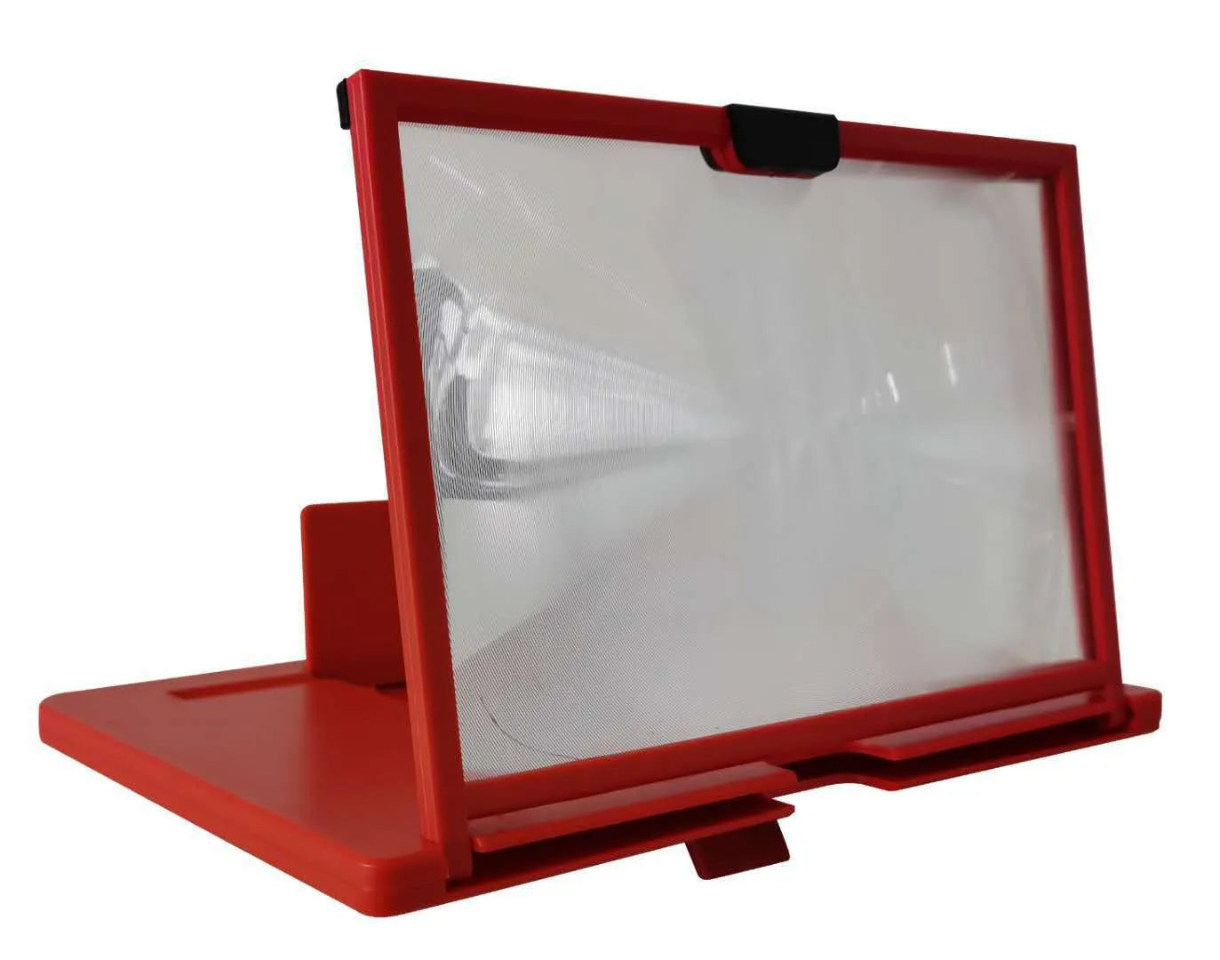 Red desktop mobile phone screen magnifier holder showing a phone placed inside for enlarged viewing.