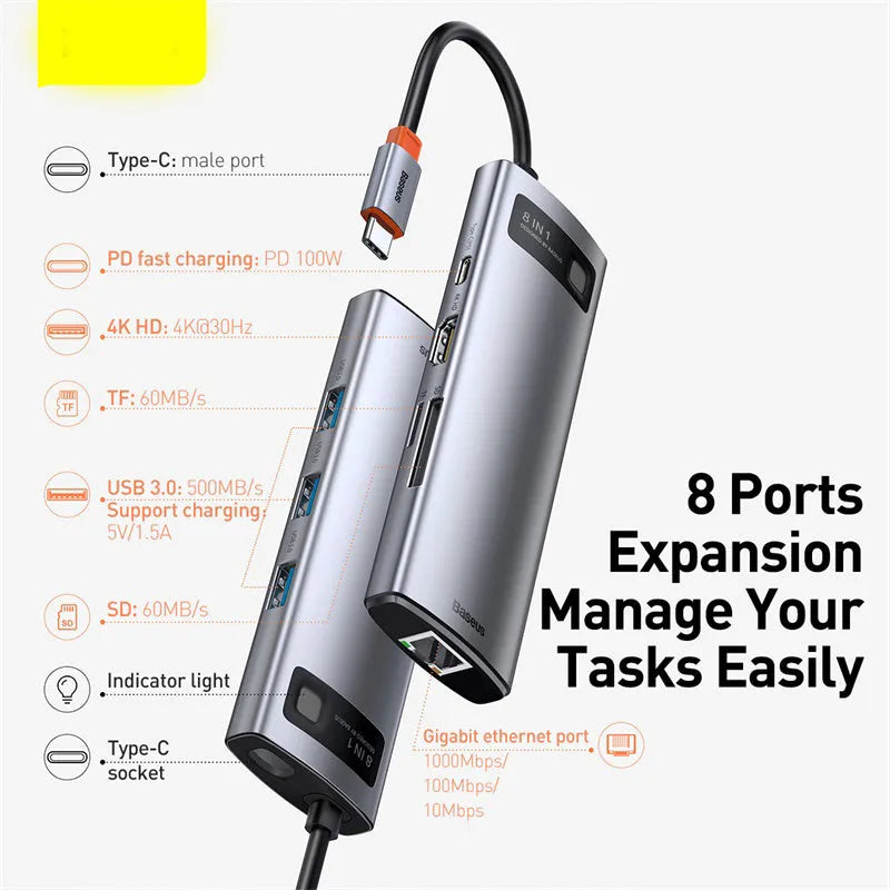 Baseus Metal Shimmer Type-C docking station with 4K HD video output and Gigabit Ethernet port for laptops