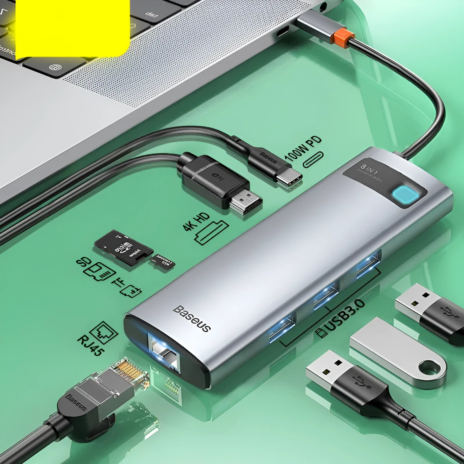 Baseus Metal Shimmer Type-C docking station with 4K HD video output and Gigabit Ethernet port for laptops