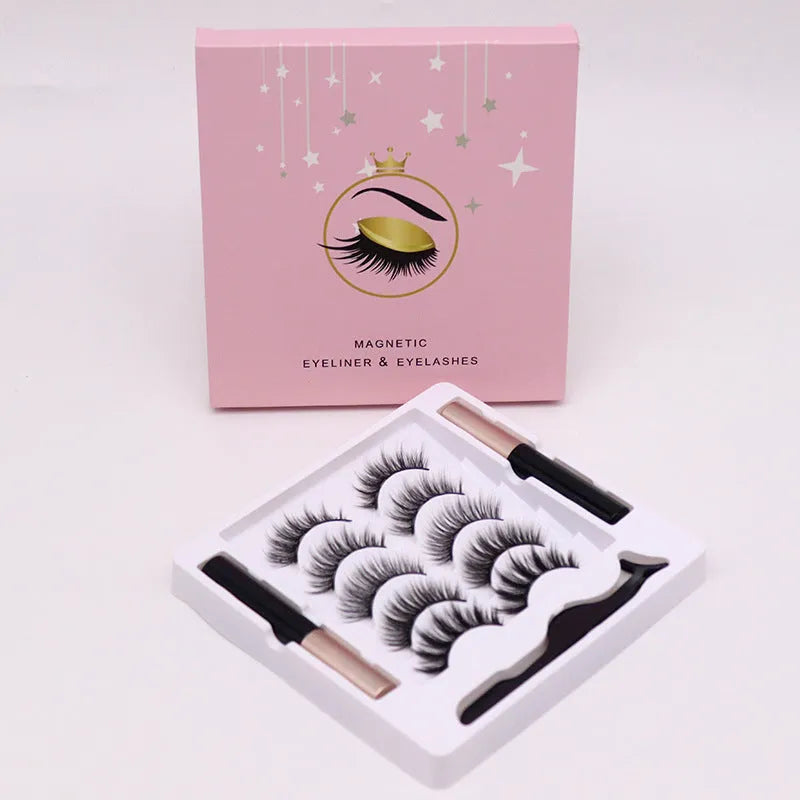 Magnetic false eyelashes and eyeliner set with 5 pairs of mink lashes in packaging