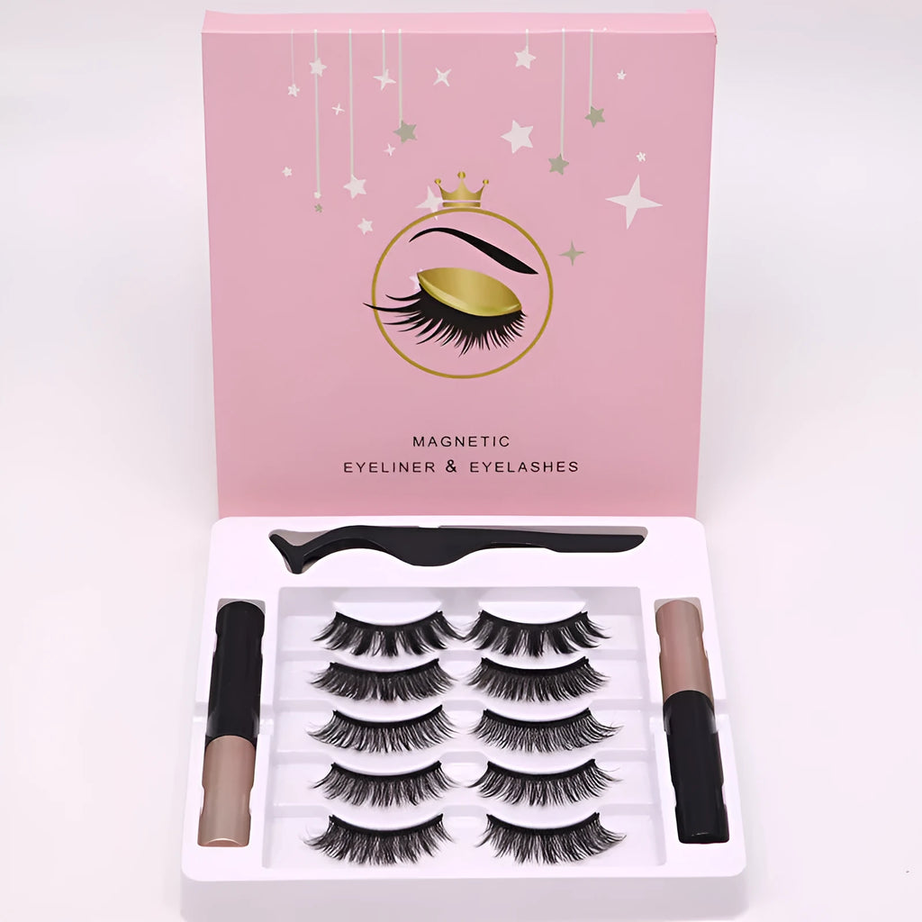 Magnetic false eyelashes and eyeliner set with 5 pairs of mink lashes in packaging