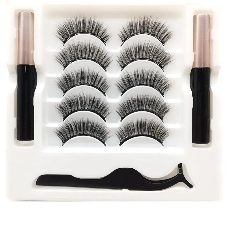 Magnetic false eyelashes and eyeliner set with 5 pairs of mink lashes in packaging