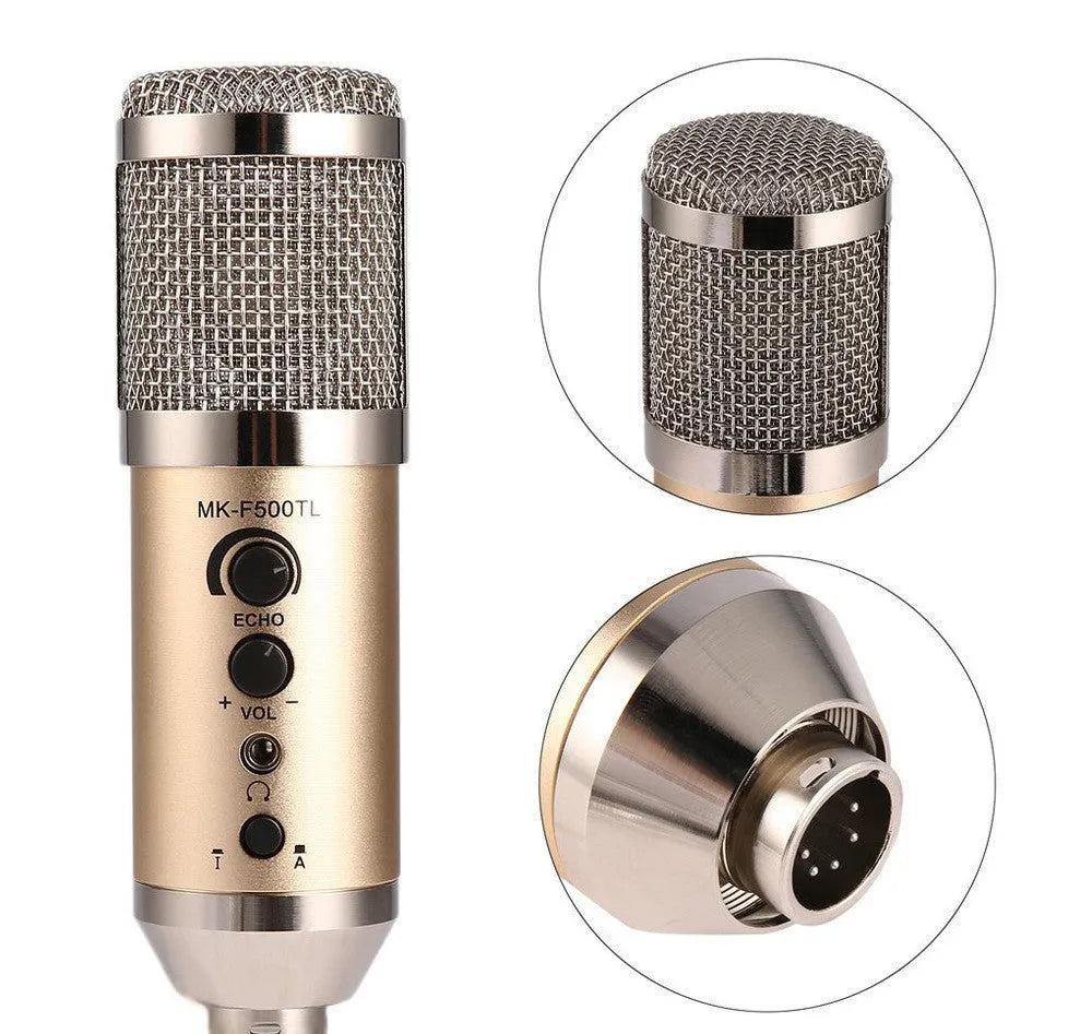 Gold wireless condenser microphone with integrated bracket for mobile phone and computer recording