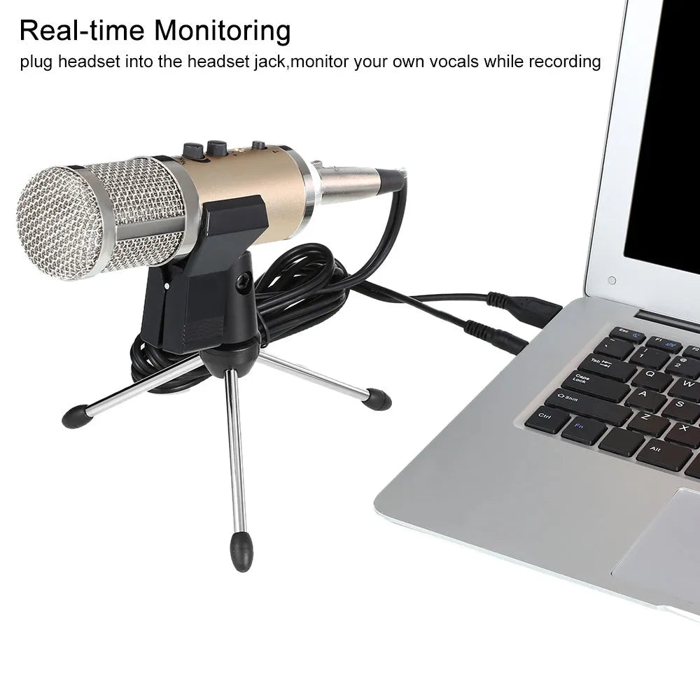 Gold wireless condenser microphone with integrated bracket for mobile phone and computer recording
