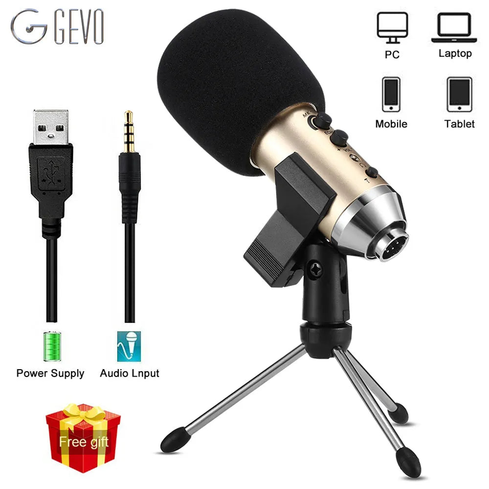Gold wireless condenser microphone with integrated bracket for mobile phone and computer recording