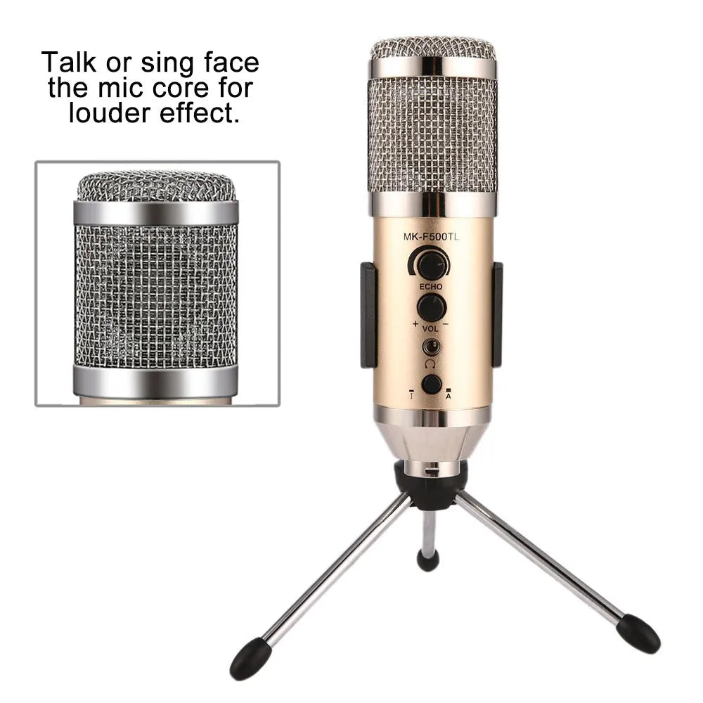 Gold wireless condenser microphone with integrated bracket for mobile phone and computer recording