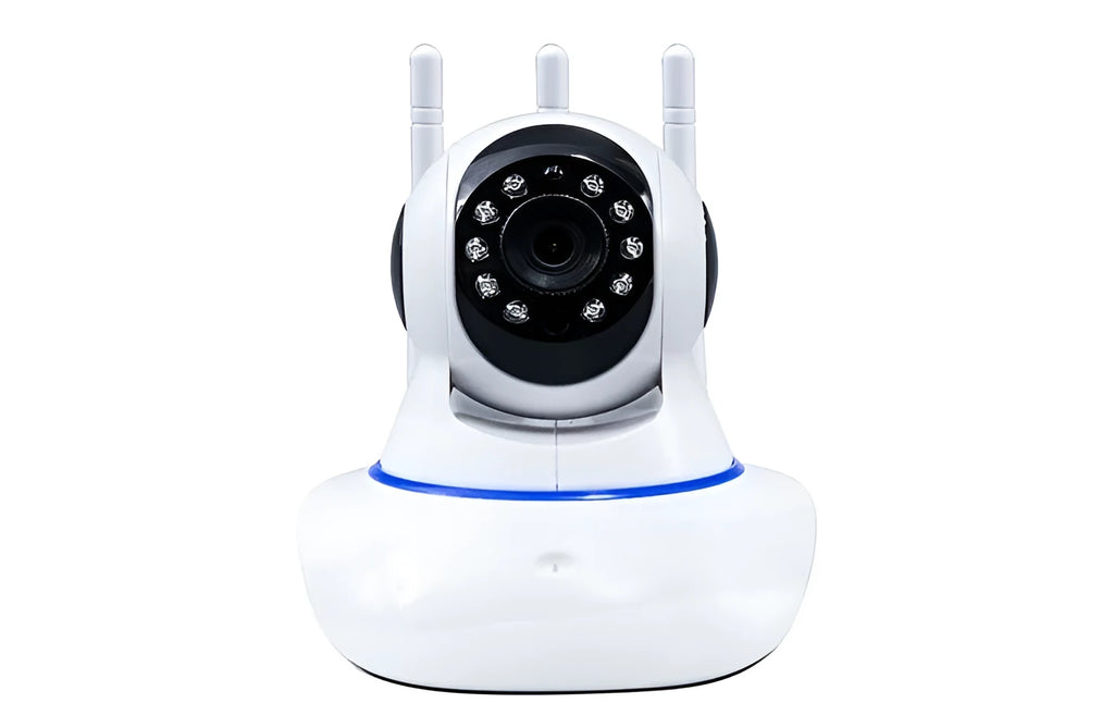 Wireless camera with 360 degree rotating head, three antennas, and night vision for home monitoring