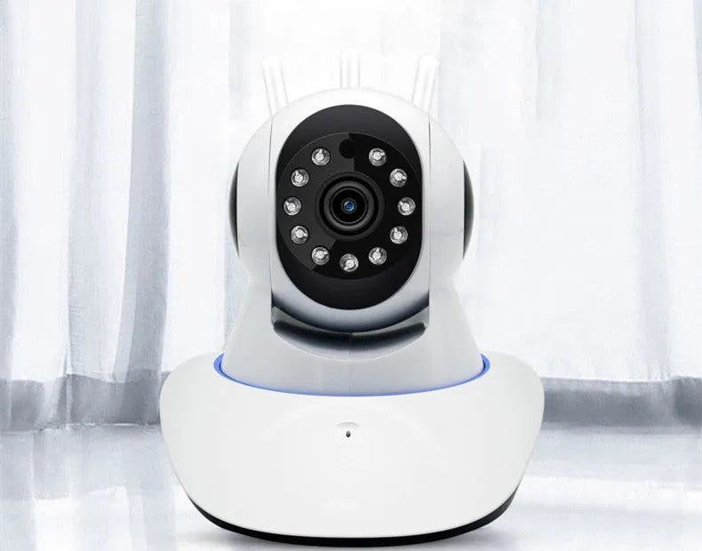 Wireless camera with 360 degree rotating head, three antennas, and night vision for home monitoring