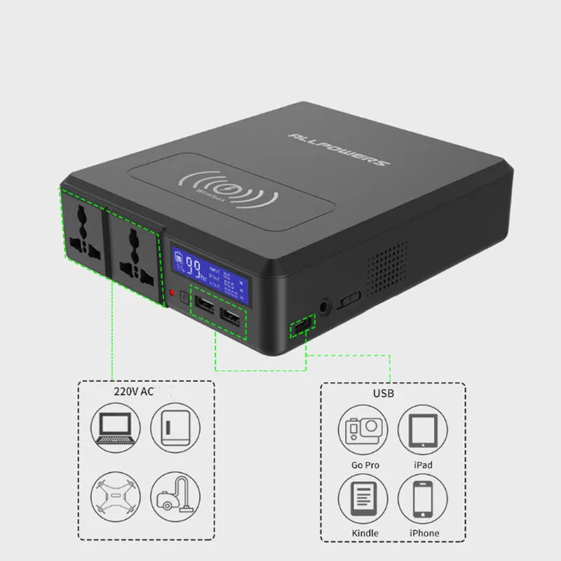 Black portable power station 41600mAh 220V with WIFI function on white background