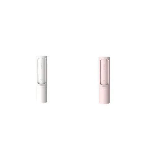 Rotating cylinder electrostatic pet hair removal brush in light pink with ABS body on a white background