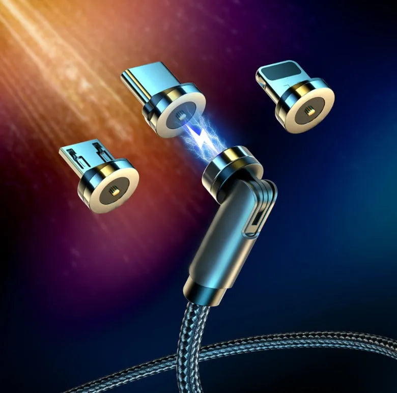 Essager black magnetic USB cable with rotating connector and blue LED light, shown next to phone