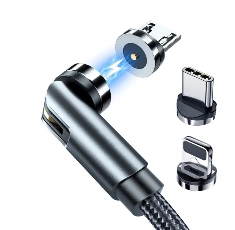 Essager black magnetic USB cable with rotating connector and blue LED light, shown next to phone