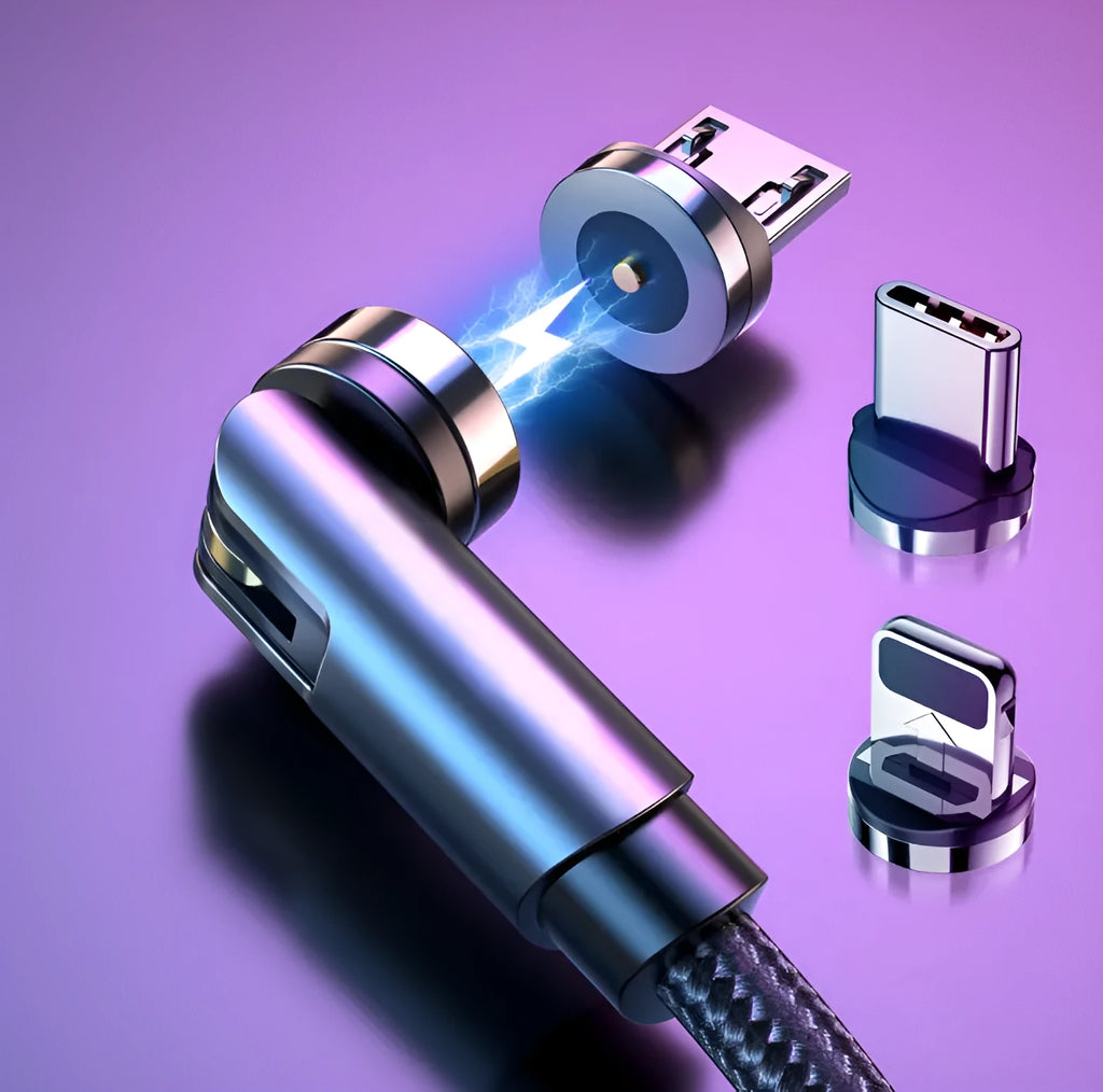 Essager black magnetic USB cable with rotating connector and blue LED light, shown next to phone