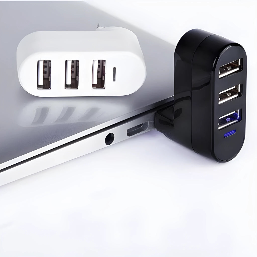Black and white USB splitter hub showing multiple USB ports for computer connectivity