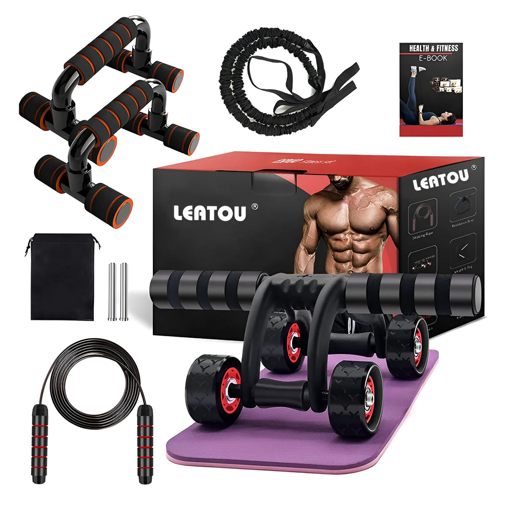 Push up bracket with rebound pull rope 4 rounds and abdominal muscle wheel set for home fitness