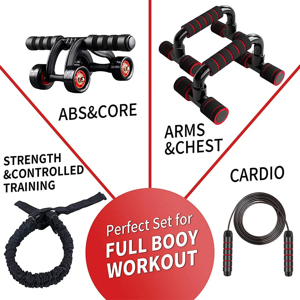 Push up bracket with rebound pull rope 4 rounds and abdominal muscle wheel set for home fitness